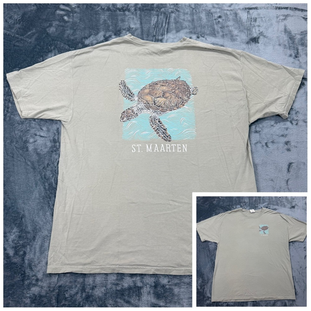 Nature St Maarten Sea Turtle Graphic Nature T-Shirt Mens XL Green Tan Cotton